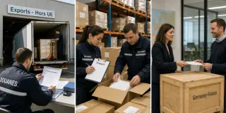 Three photorealistic scenes: export of goods from France, import arrival with customs inspection, and business exchange for intra-EU delivery, each visually distinct and clearly representing different international VAT regimes.