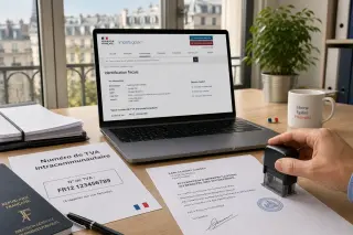 French office with documents labeled 'Numéro de TVA intracommunautaire', a laptop open to the French tax website, and a hand stamping paperwork in bright, modern daylight setting.