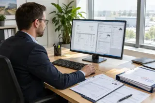 Employé de bureau travaillant seul, vérifiant des documents de facturation et de transport devant un ordinateur dans un environnement professionnel lumineux.