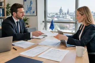 Two business professionals in a modern office exchanging documents and discussing invoices, with laptops and tax forms on the desk, and a EU flag indicating a European setting.
