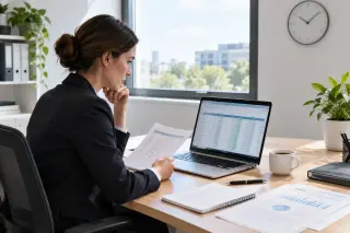 Personne seule en tenue professionnelle, travaillant sur un ordinateur portable dans un bureau lumineux, entourée de documents administratifs, évoquant la gestion déclarative d'entreprise.
