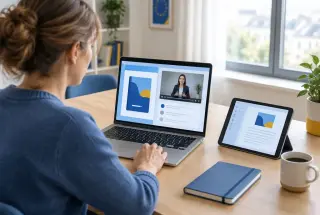 Personne consultant un e-book et une formation en ligne sur un ordinateur portable dans un intérieur lumineux