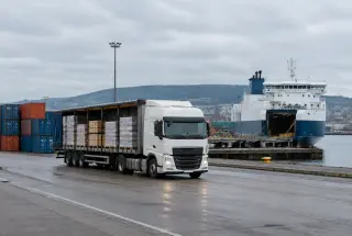 Camion de marchandises dans un terminal portuaire de Belfast, symbole des échanges entre l’Irlande du Nord et l’Union européenne.